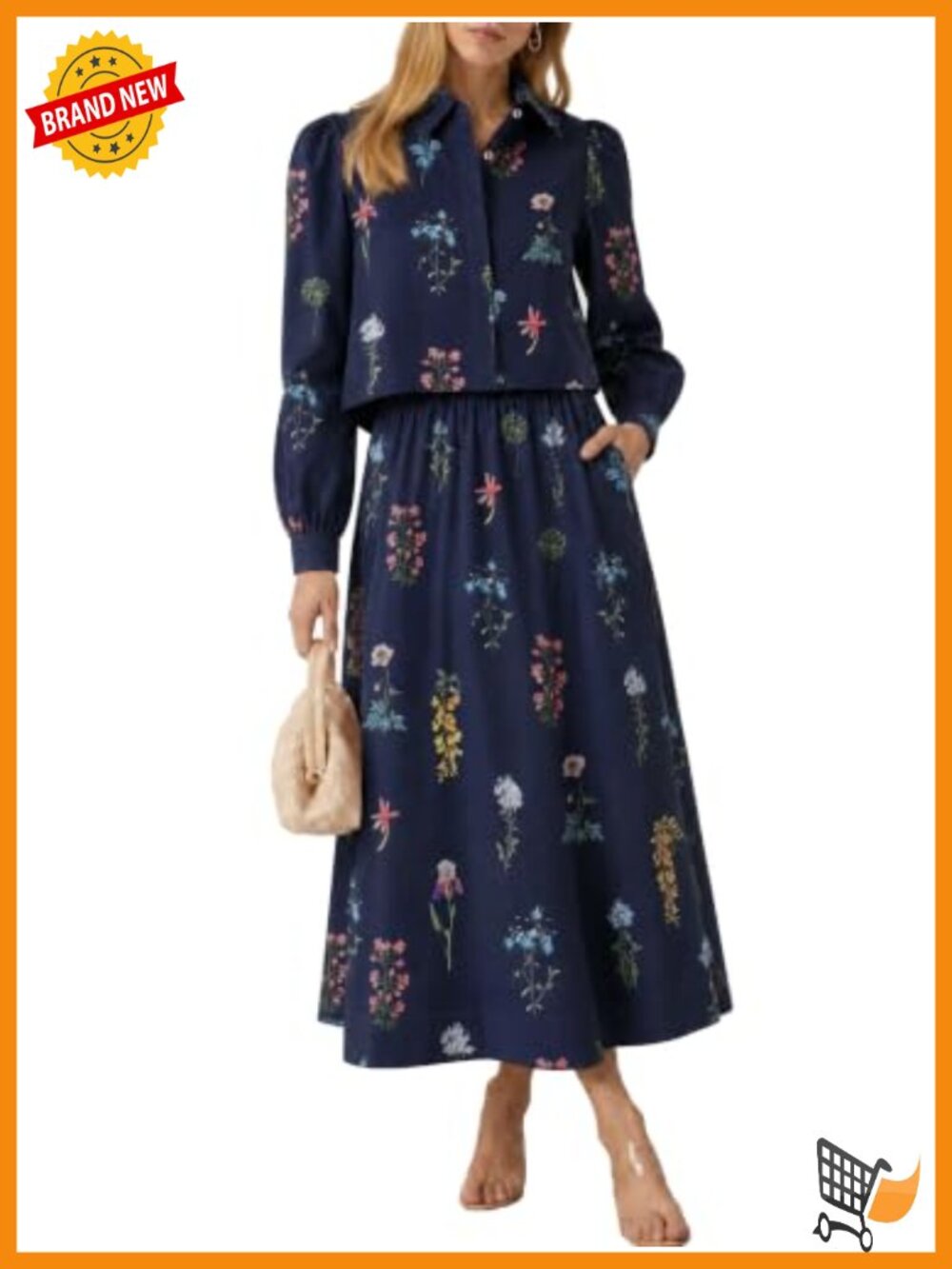 Womens 2 Piece Floral Blouse and Maxi Skirt Set Puff Sleeve Matching Outfit